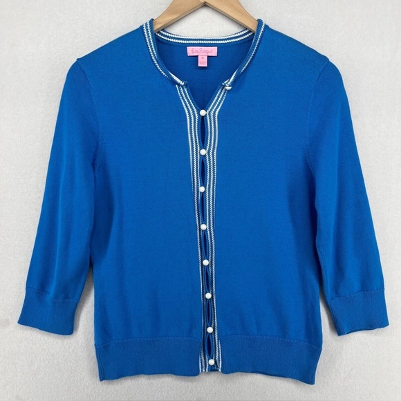 LILLY PULITZER Sweater Womens XS Cotton Knit Button Up Cardigan 3/4 Sleeve Blue - Picture 1 of 5